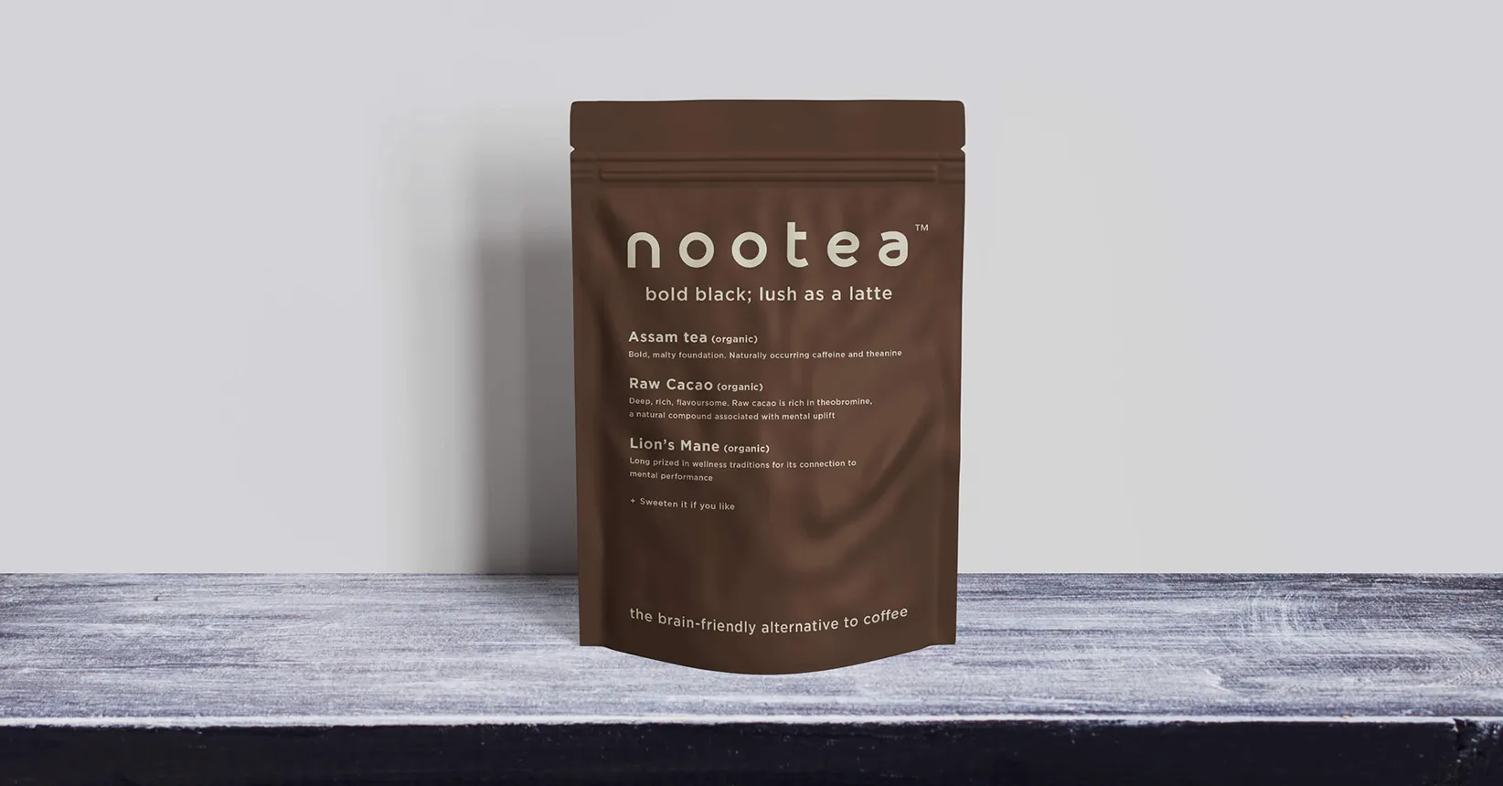 NooTea stand-up pouch with premium brown packaging