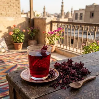 Karkade — deep ruby-red Egyptian hibiscus tea in a glass cup