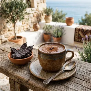 Roasted carob drink — dark cocoa-like drink with carob pods