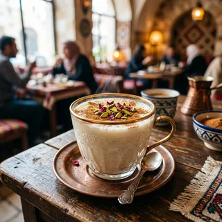 Sahlab — creamy orchid-root drink topped with cinnamon and pistachios