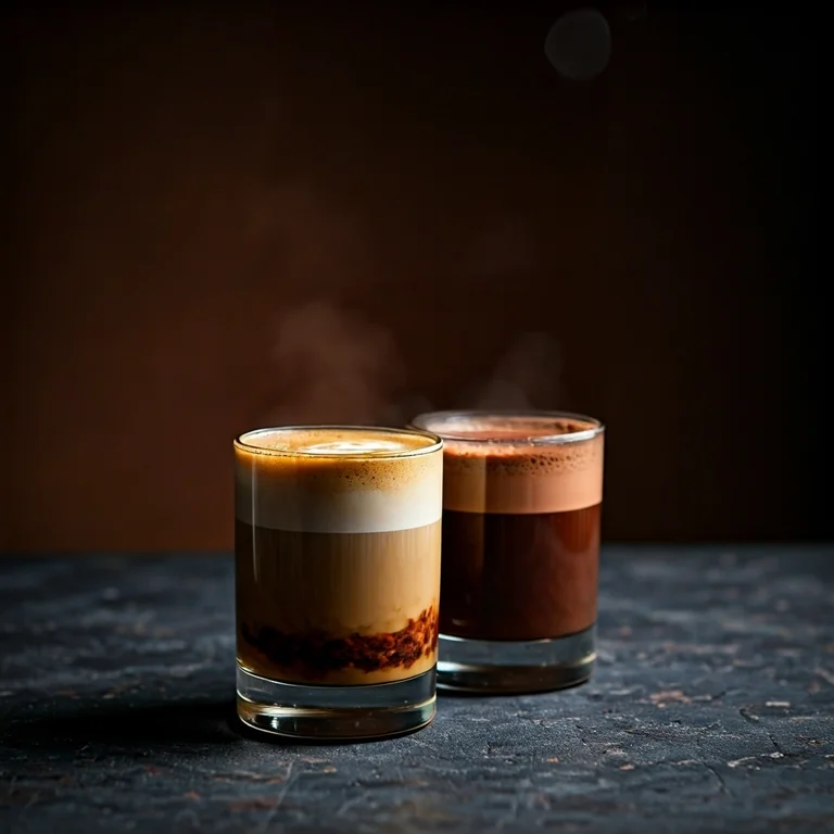 Layered black tea and latte-style drinks with steam
