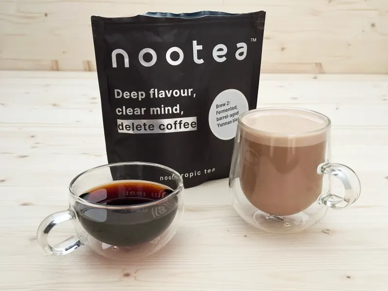 NooTea Brew 2 pouch with americano and latte side by side