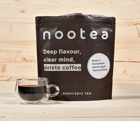 NooTea Brew 2 pouch with black brew and latte-style serving