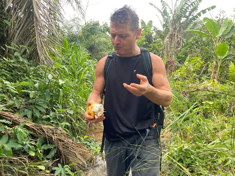 NooTea co-founder tasting fresh cocoa pulp around the beans
